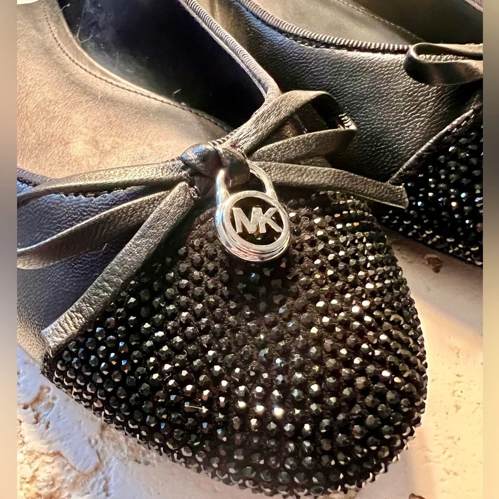 NWT Michael Kors Claudia Flex Black Leather Rhinestone Ballet Flat, Size 7.5